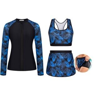 Tropical Palm Print Bikini Top and Swim Skirt Set Blue Black Racerback Skort